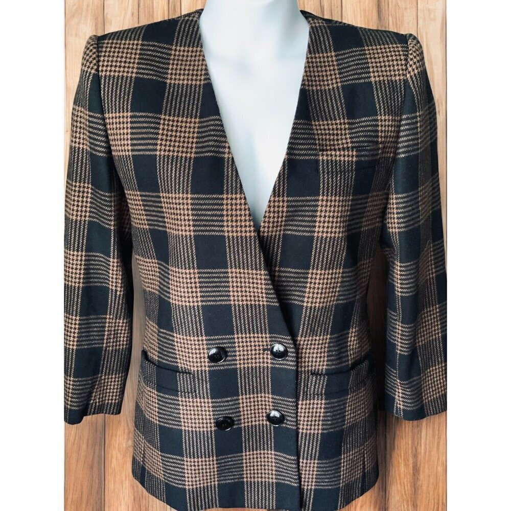 Sasson Paris New York Plaid Blazer Jacket 10 Houndstooth VNeck Double Breasted - Picture 7 of 7